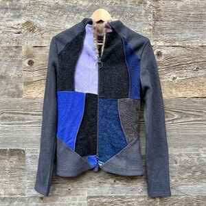 Myco Anna Womens Patchwork Wool Blend Jacket Faux Fur Collar Colorful Recycled‎